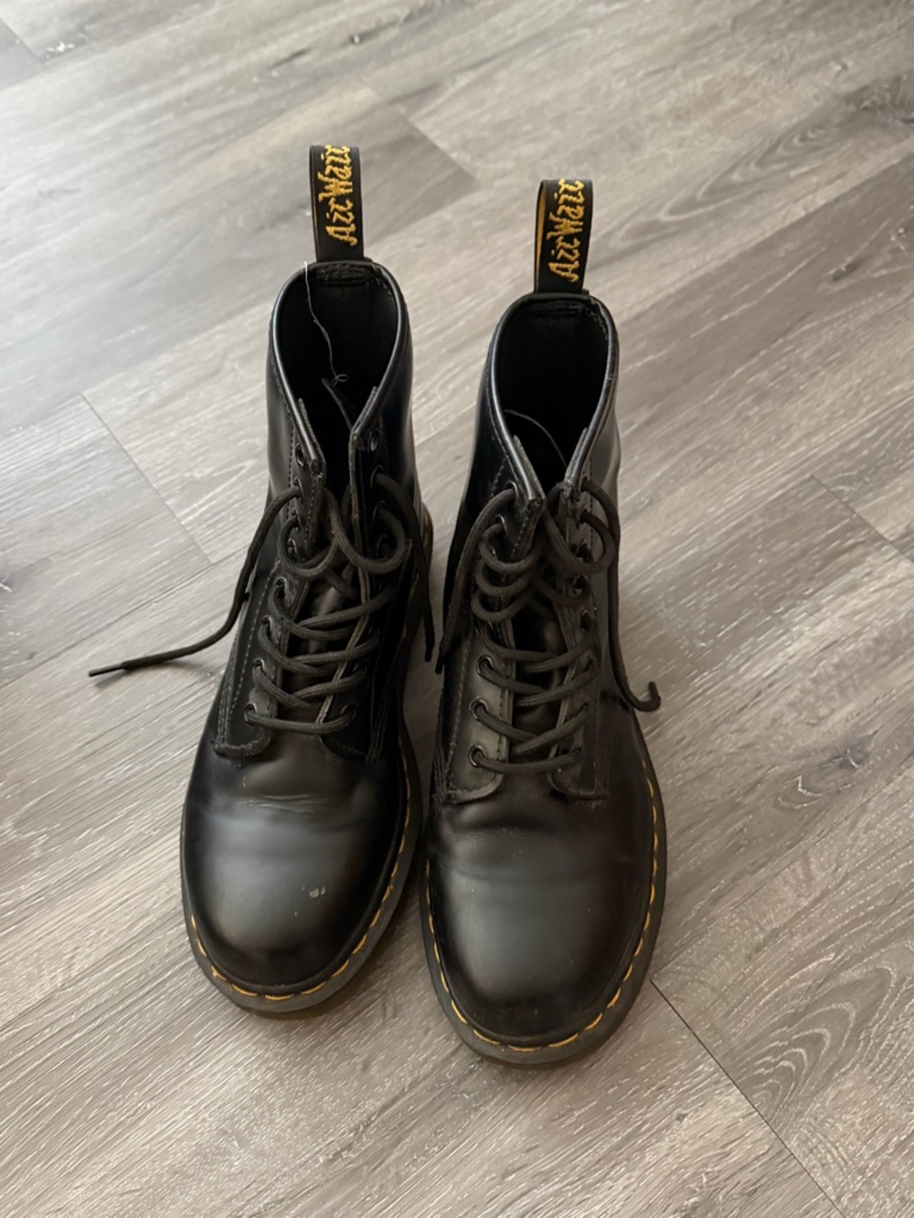 Dr. Martens 1460 Black Leather Lace-Up Combat Boots with Yellow Stitching